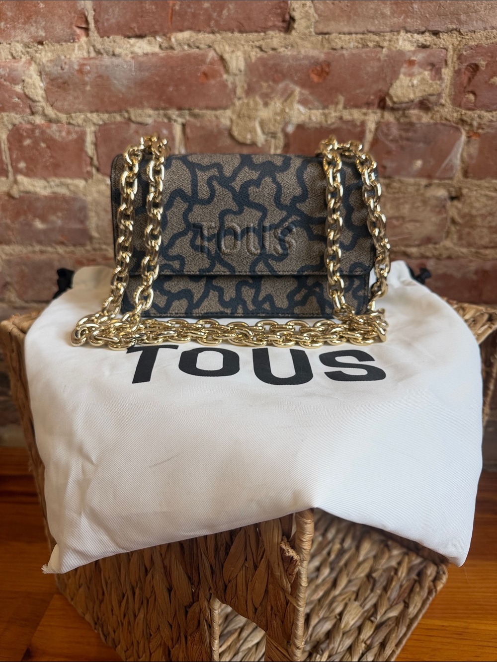 TOUS “Kaos” Navy and Brown Monogram Crossbody with Gold Chain